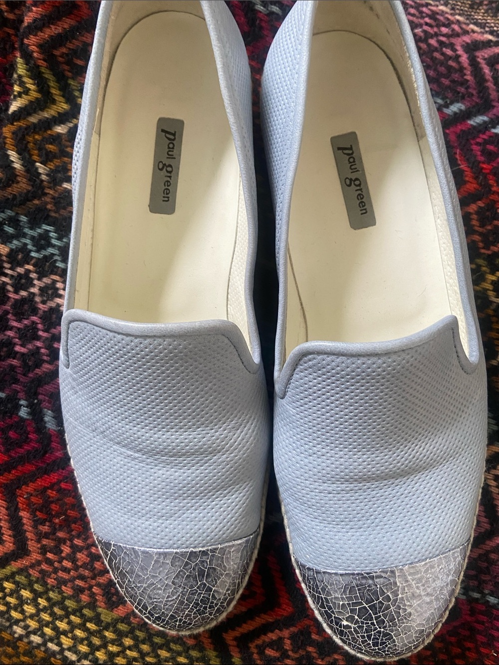 Paul Green Baby Blue Leather Slip-On Flats with Metallic Silver Toe Cap - Picture 3 of 13